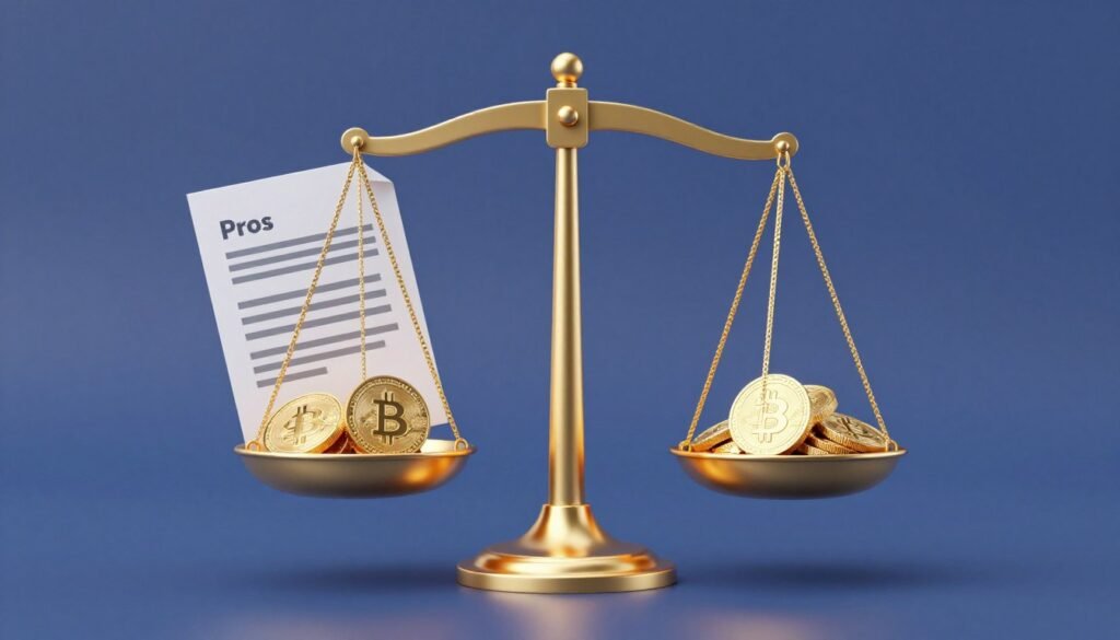 Balance scale weighing BitIRA pros and cons with cryptocurrency symbols