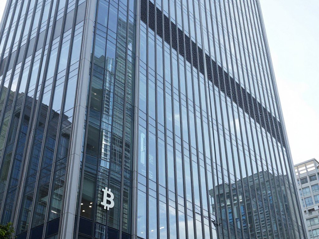 BitIRA company office building exterior with modern architecture and cryptocurrency symbols