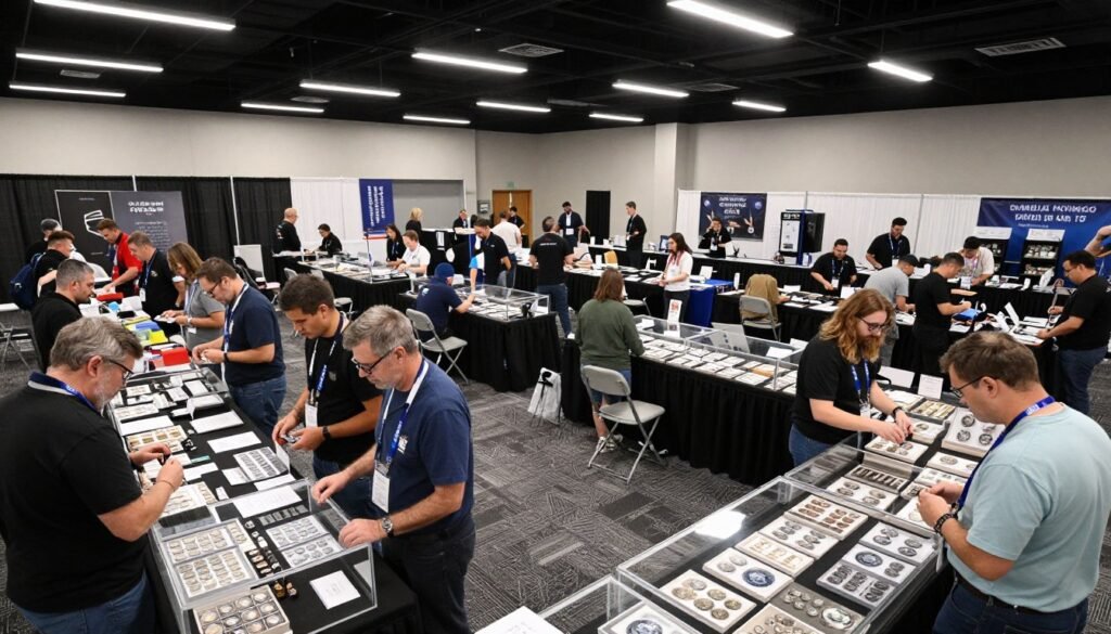 Busy coin show floor with dealers and collectors examining silver coins