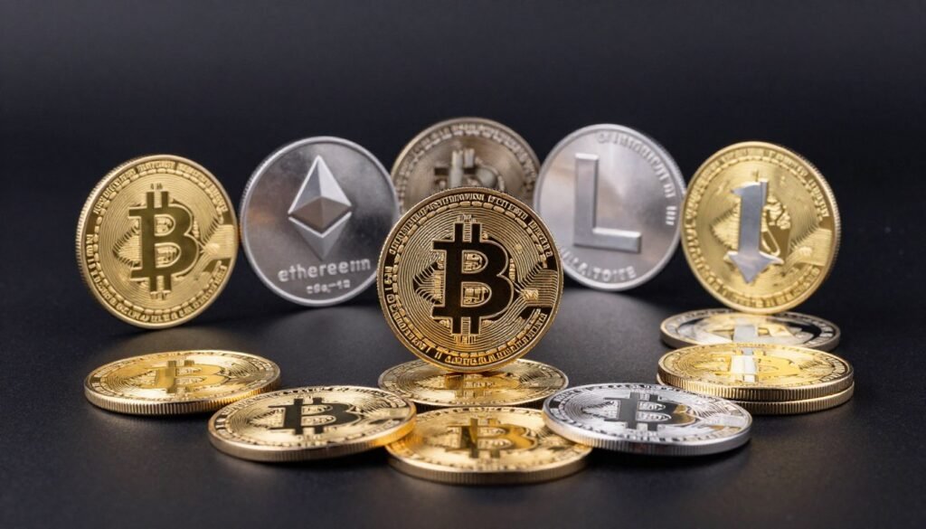 Collection of cryptocurrency coins including Bitcoin, Ethereum, and other digital assets