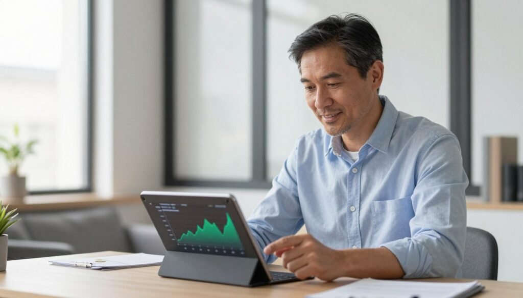 Confident investor reviewing cryptocurrency IRA portfolio on digital tablet