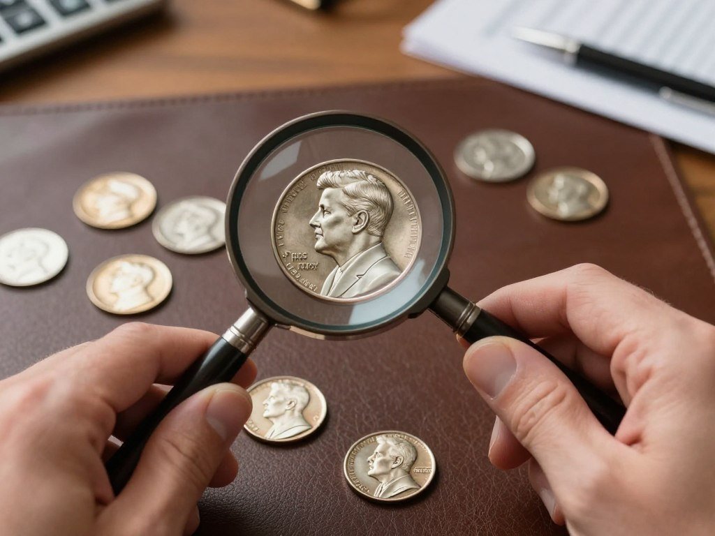 Investor examining Kennedy half dollars with magnifying glass