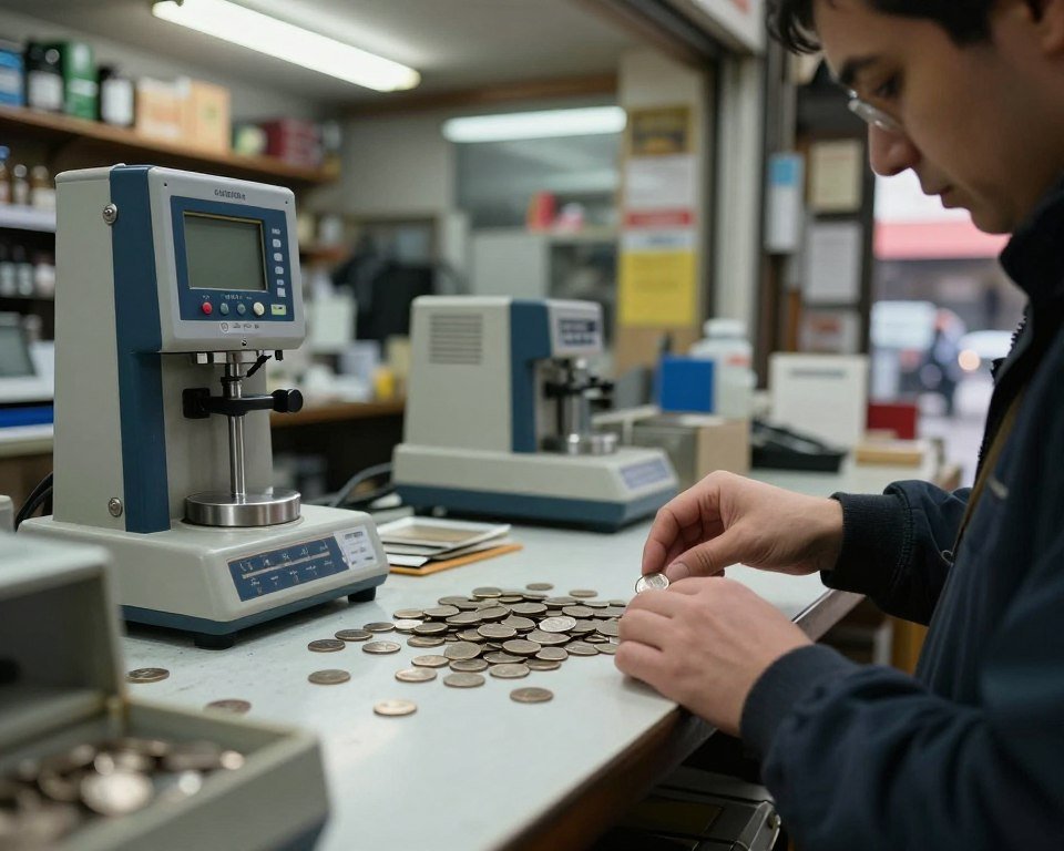 Pawn shop counter with silver coins being evaluated