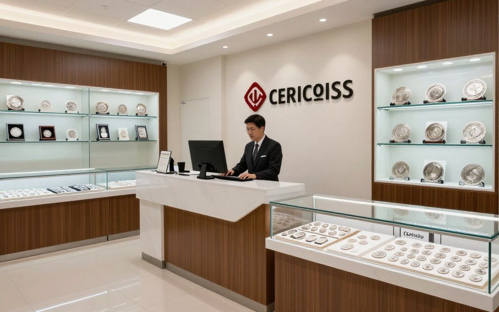 Professional precious metals dealer office with secure transaction area