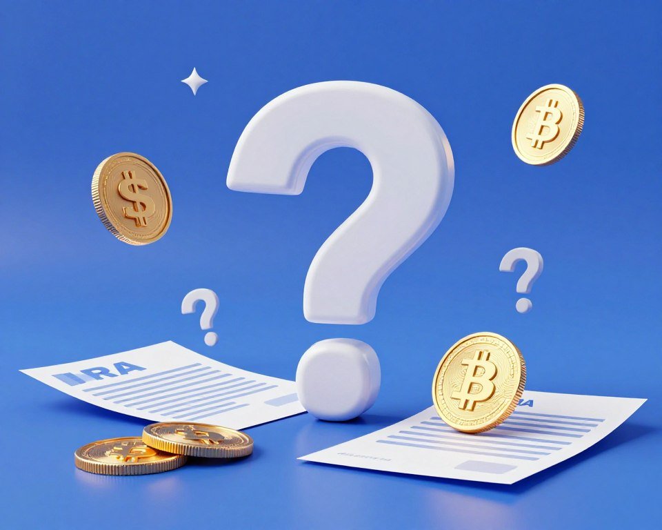 Question mark symbol with cryptocurrency and IRA documents